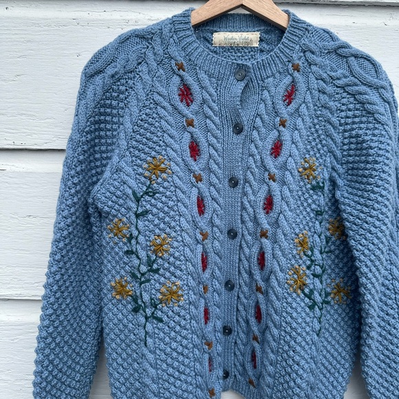 Blue Cable Knit Embroidered Cardigan Sweater - Picture 11 of 11